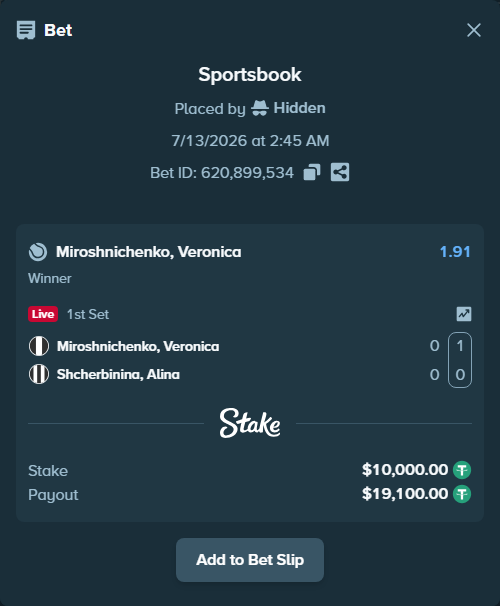 Bet slip: Miroshnichenko, Veronica - Shcherbinina, Alina, $10,010.00 stake at 1.91 odds, placed by Hidden