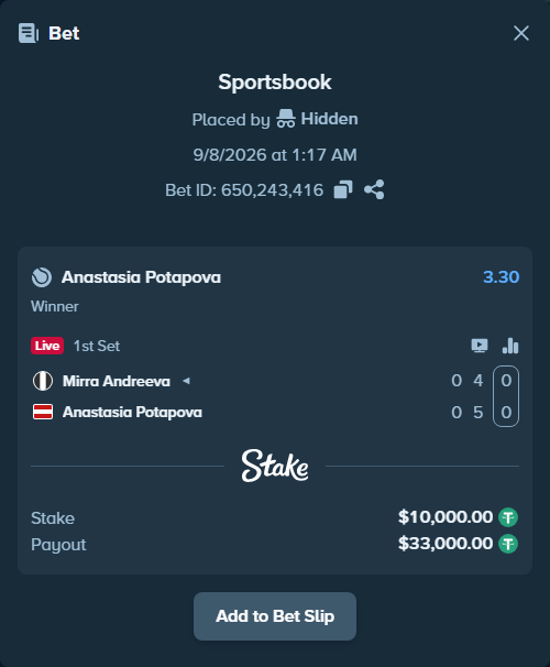 Bet slip: Mirra Andreeva - Anastasia Potapova, $10,000.00 stake at 3.30 odds, placed by Hidden