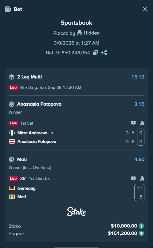 Bet slip: Mirra Andreeva - Anastasia Potapova, $10,000.00 stake at 3.15 odds, placed by Hidden