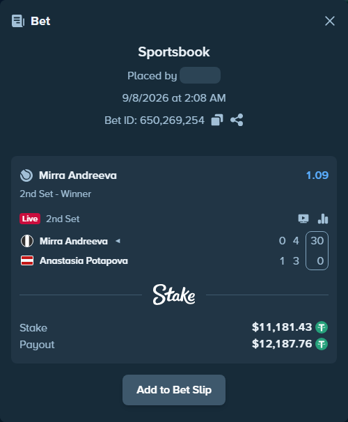 Bet slip: Mirra Andreeva - Anastasia Potapova, $11,181.43 stake at 1.09 odds, placed by RyazheniyPetuh
