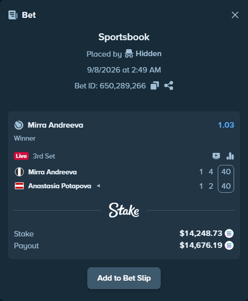 Bet slip: Mirra Andreeva - Anastasia Potapova, $14,206.54 stake at 1.03 odds, placed by Hidden