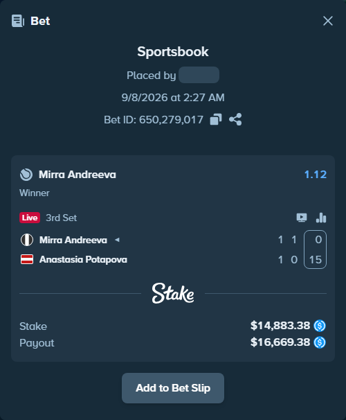Bet slip: Mirra Andreeva - Anastasia Potapova, $14,883.38 stake at 1.12 odds, placed by Arbe7