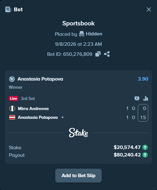 Bet slip: Mirra Andreeva - Anastasia Potapova, $20,574.47 stake at 3.90 odds, placed by Hidden