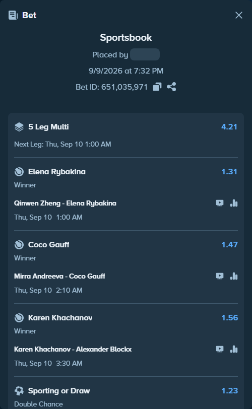 Bet slip: Mirra Andreeva - Coco Gauff, $10,017.00 stake at 1.47 odds, placed by RIFFMIR