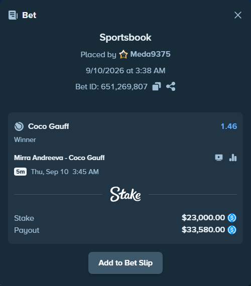 Bet slip: Mirra Andreeva - Coco Gauff, $23,000.00 stake at 1.46 odds, placed by Meda9375