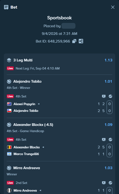 Bet slip: Mirra Andreeva - Eva Lys, $12,000.00 stake at 1.03 odds, placed by NaveenBetsss
