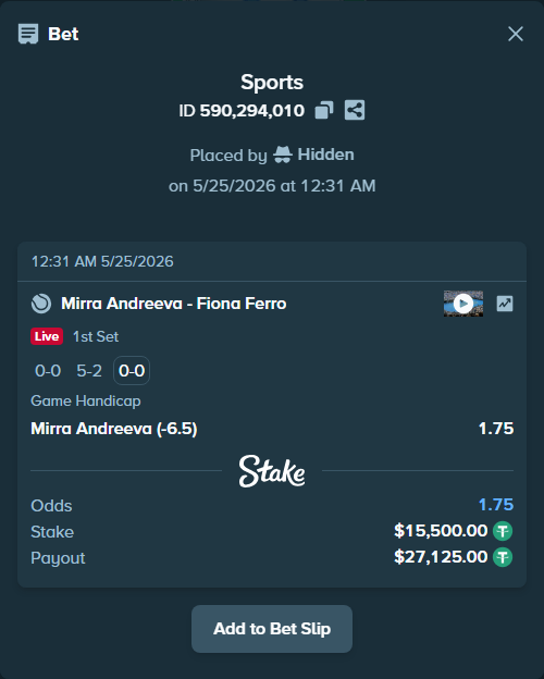 Bet slip: Mirra Andreeva - Fiona Ferro, $15,500.00 stake at 1.75 odds, placed by Hidden