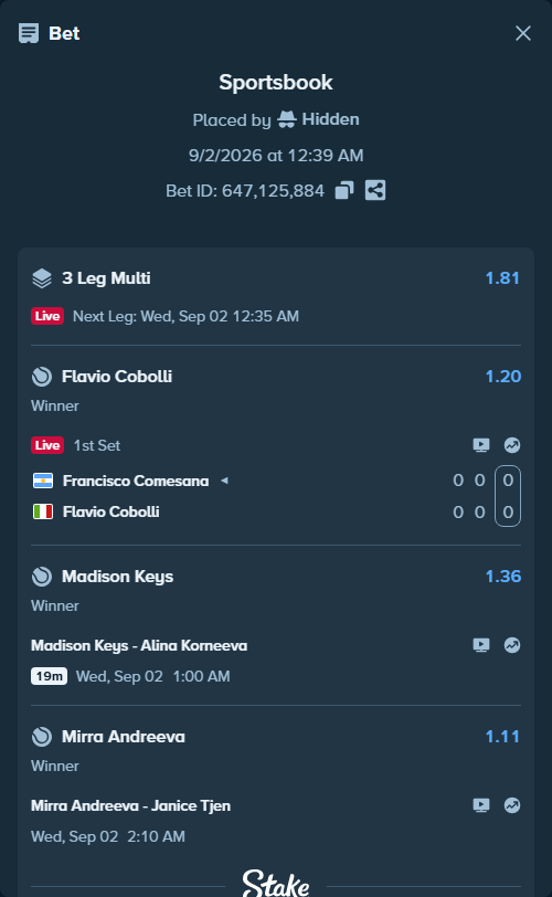 Bet slip: Mirra Andreeva - Janice Tjen, $60,000.00 stake at 1.11 odds, placed by Hidden