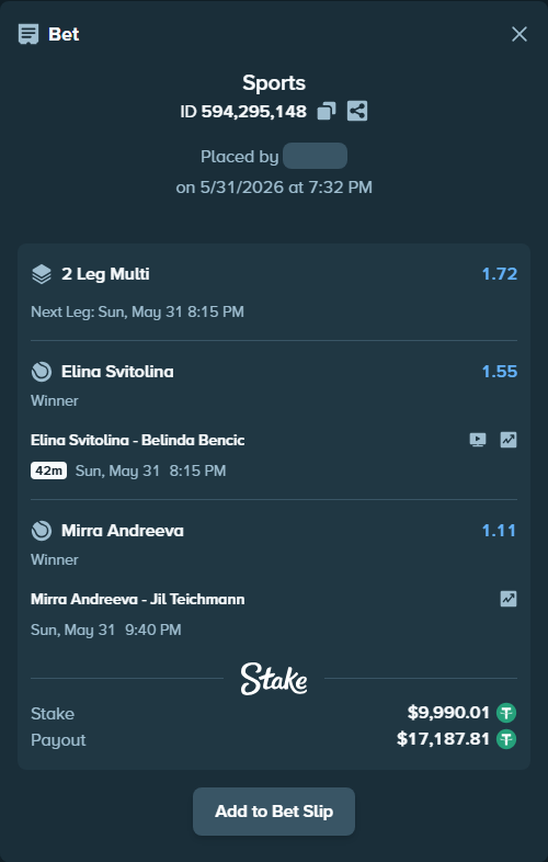 Bet slip: Mirra Andreeva - Jil Teichmann, $10,000.00 stake at 1.11 odds, placed by AakashCow