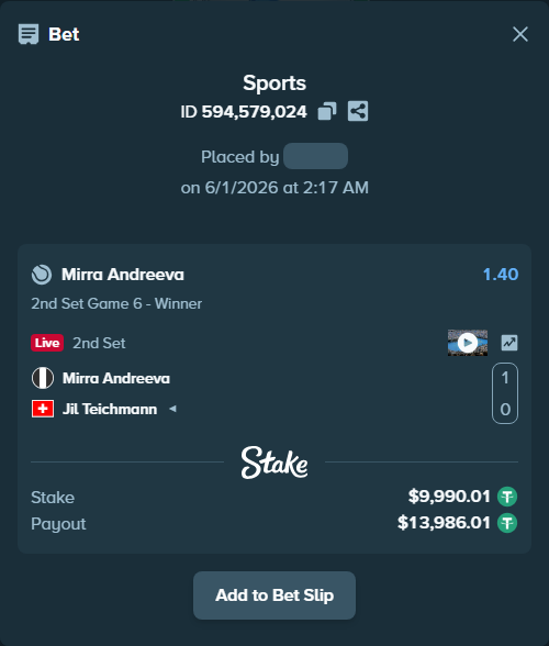 Bet slip: Mirra Andreeva - Jil Teichmann, $10,000.00 stake at 1.40 odds, placed by Yarmola999