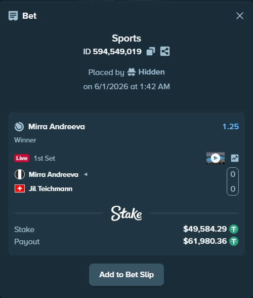 Bet slip: Mirra Andreeva - Jil Teichmann, $49,633.87 stake at 1.25 odds, placed by Hidden