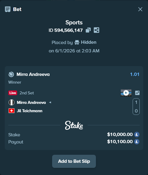 Bet slip: Mirra Andreeva - Jil Teichmann, $8,593.54 stake at 1.01 odds, placed by Hidden