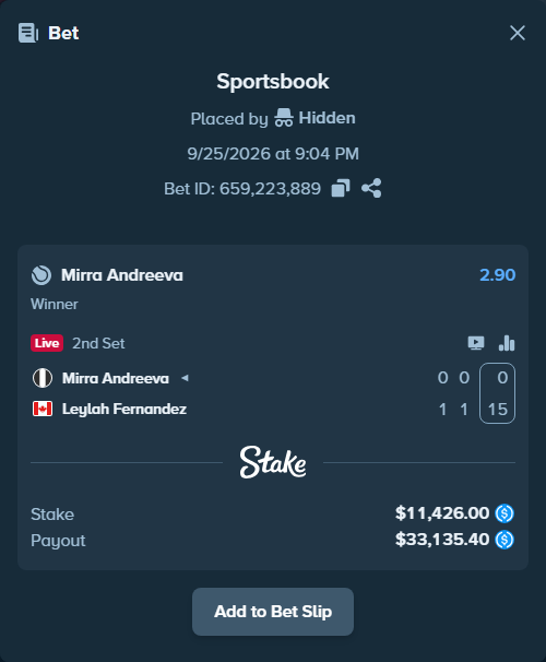 Bet slip: Mirra Andreeva - Leylah Fernandez, $11,426.00 stake at 2.90 odds, placed by Tommypickles0