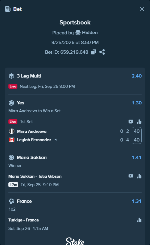 Bet slip: Mirra Andreeva - Leylah Fernandez, $18,651.58 stake at 1.30 odds, placed by Hidden