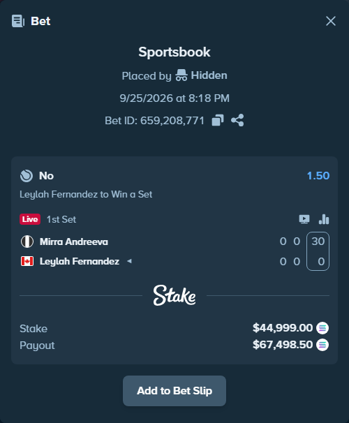 Bet slip: Mirra Andreeva - Leylah Fernandez, $45,514.64 stake at 1.50 odds, placed by Stakems98