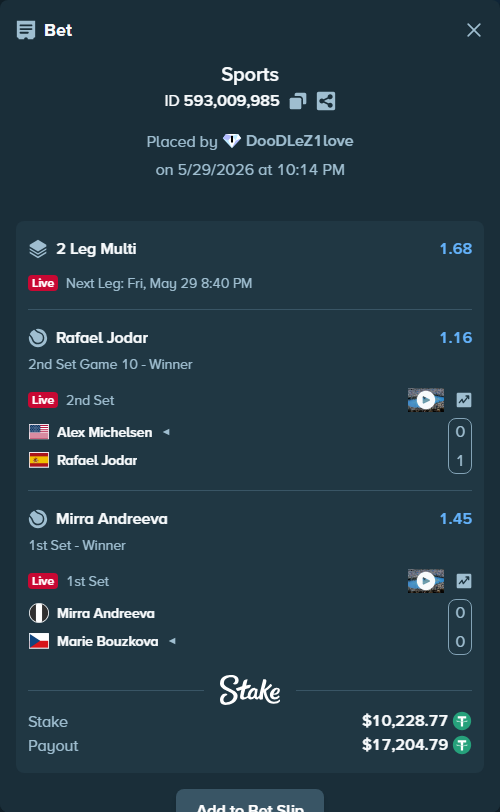 Bet slip: Mirra Andreeva - Marie Bouzkova, $10,239.00 stake at 1.45 odds, placed by DooDLeZ1love