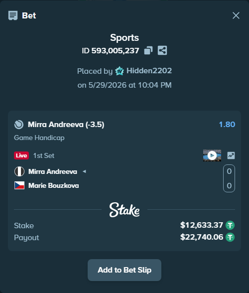 Bet slip: Mirra Andreeva - Marie Bouzkova, $12,646.00 stake at 1.80 odds, placed by Hidden2202