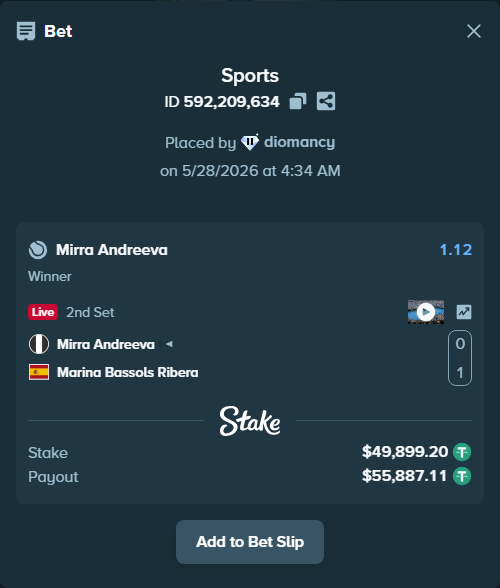 Bet slip: Mirra Andreeva - Marina Bassols Ribera, $49,999.00 stake at 1.12 odds, placed by diomancy