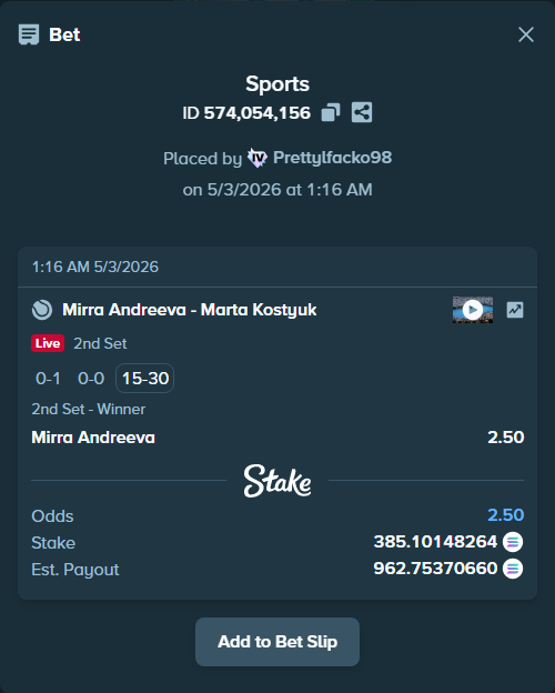 Bet slip: Mirra Andreeva - Marta Kostyuk, $28,312.66 stake at 2.50 odds, placed by Prettylfacko98
