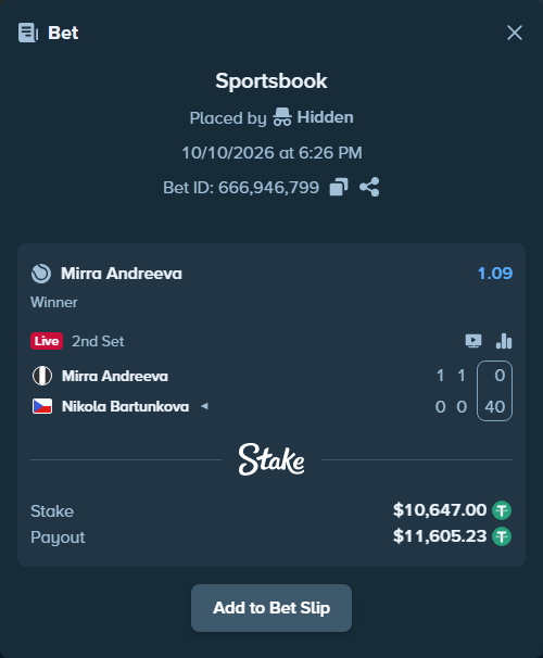 Bet slip: Mirra Andreeva - Nikola Bartunkova, $10,657.65 stake at 1.09 odds, placed by Hidden