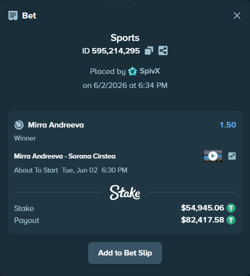 Bet slip: Mirra Andreeva - Sorana Cirstea, $55,000.00 stake at 1.50 odds, placed by SpivX
