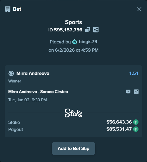 Bet slip: Mirra Andreeva - Sorana Cirstea, $56,700.00 stake at 1.51 odds, placed by hingis79