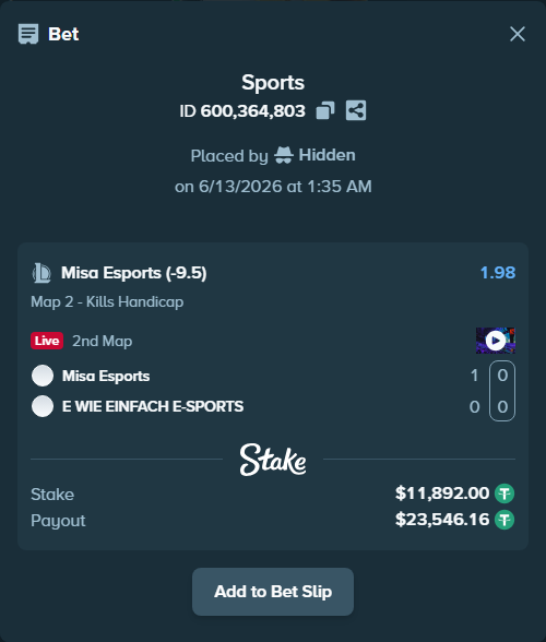 Bet slip: Misa Esports - E WIE EINFACH E-SPORTS, $11,903.89 stake at 1.98 odds, placed by Hidden