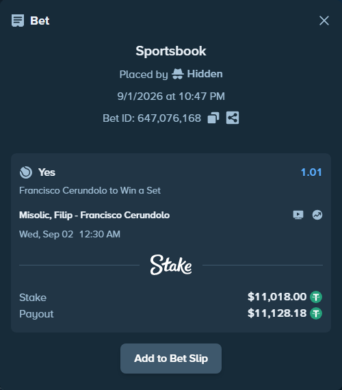 Bet slip: Misolic, Filip - Francisco Cerundolo, $11,018.00 stake at 1.01 odds, placed by Hidden