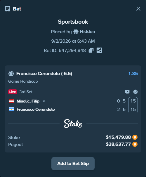 Bet slip: Misolic, Filip - Francisco Cerundolo, $15,404.20 stake at 1.85 odds, placed by Hidden