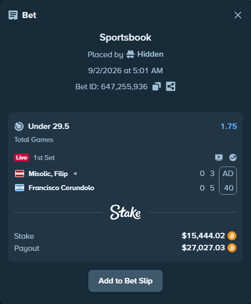 Bet slip: Misolic, Filip - Francisco Cerundolo, $15,487.80 stake at 1.75 odds, placed by Hidden