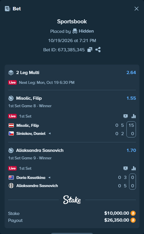 Bet slip: Misolic, Filip - Siniakov, Daniel, $10,024.91 stake at 1.55 odds, placed by Hidden