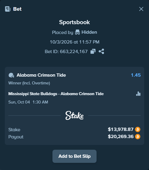 Bet slip: Mississippi State Bulldogs - Alabama Crimson Tide, $13,986.00 stake at 1.45 odds, placed by Hidden