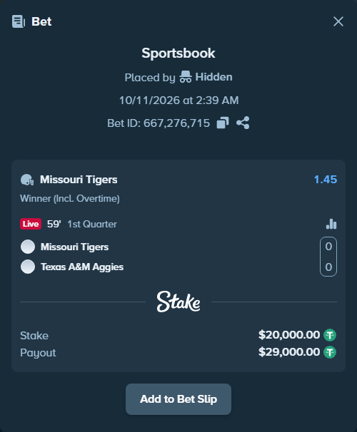 Bet slip: Missouri Tigers - Texas A&M Aggies, $20,020.00 stake at 1.45 odds, placed by fhv166151