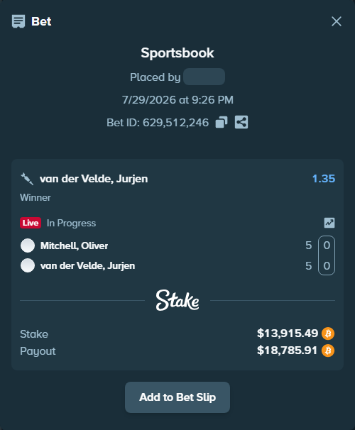 Bet slip: Mitchell, Oliver - van der Velde, Jurjen, $13,909.85 stake at 1.35 odds, placed by Mashko21