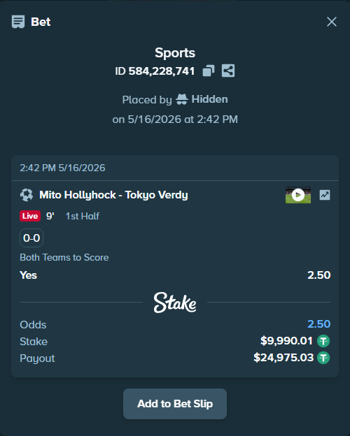 Bet slip: Mito Hollyhock - Tokyo Verdy, $10,000.00 stake at 2.50 odds, placed by Hidden
