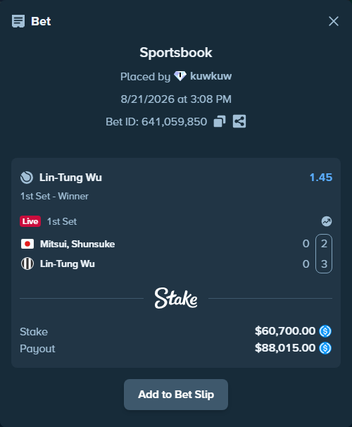 Bet slip: Mitsui, Shunsuke - Lin-Tung Wu, $60,700.00 stake at 1.45 odds, placed by kuwkuw