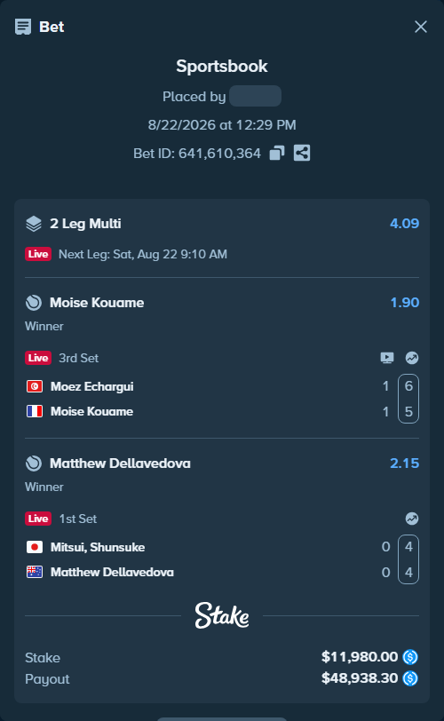 Bet slip: Mitsui, Shunsuke - Matthew Dellavedova, $11,980.00 stake at 2.15 odds, placed by kuwkuw