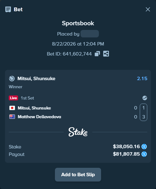 Bet slip: Mitsui, Shunsuke - Matthew Dellavedova, $38,050.16 stake at 2.15 odds, placed by kuwkuw