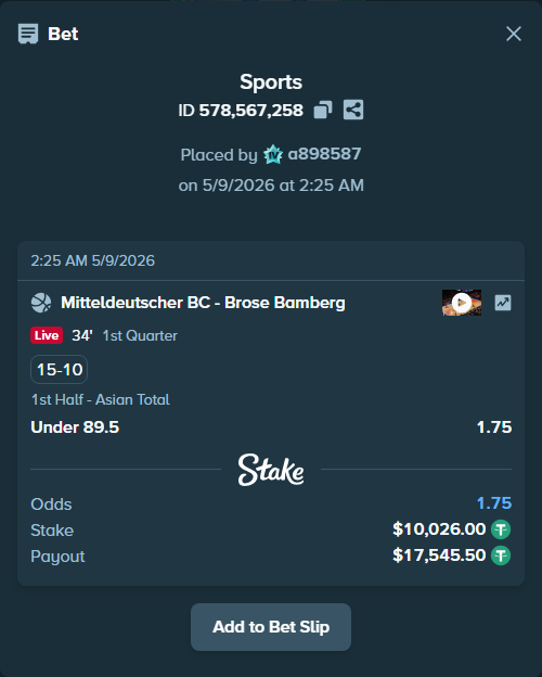 Bet slip: Mitteldeutscher BC - Brose Bamberg, $10,026.00 stake at 1.75 odds, placed by a898587