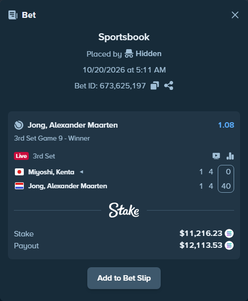 Bet slip: Miyoshi, Kenta (2004) - Jong, Sander, $11,201.62 stake at 1.08 odds, placed by Hidden