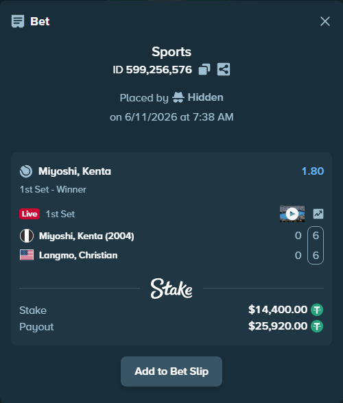 Bet slip: Miyoshi, Kenta (2004) - Langmo, Christian, $14,414.40 stake at 1.80 odds, placed by Hidden