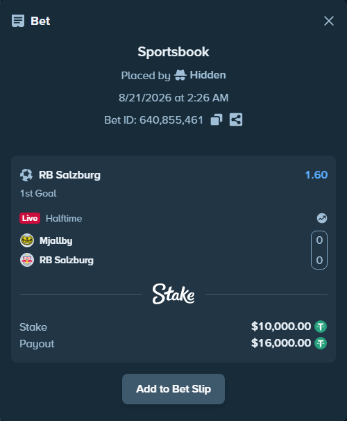 Bet slip: Mjallby - RB Salzburg, $10,000.00 stake at 1.60 odds, placed by Hidden
