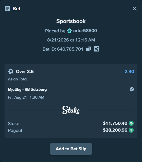 Bet slip: Mjallby - RB Salzburg, $11,762.15 stake at 2.40 odds, placed by artur58500