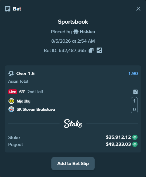 Bet slip: Mjallby - SK Slovan Bratislava, $25,938.03 stake at 1.90 odds, placed by Hidden