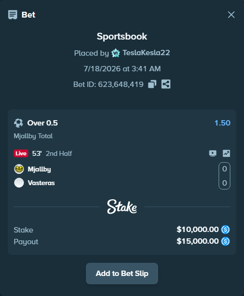Bet slip: Mjallby - Vasteras, $10,000.00 stake at 1.50 odds, placed by TeslaKesla22