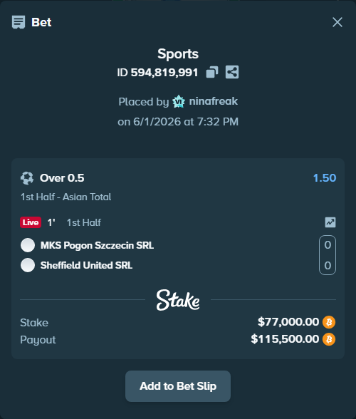 Bet slip: MKS Pogon Szczecin SRL - Sheffield United SRL, $67,960.78 stake at 1.50 odds, placed by ninafreak