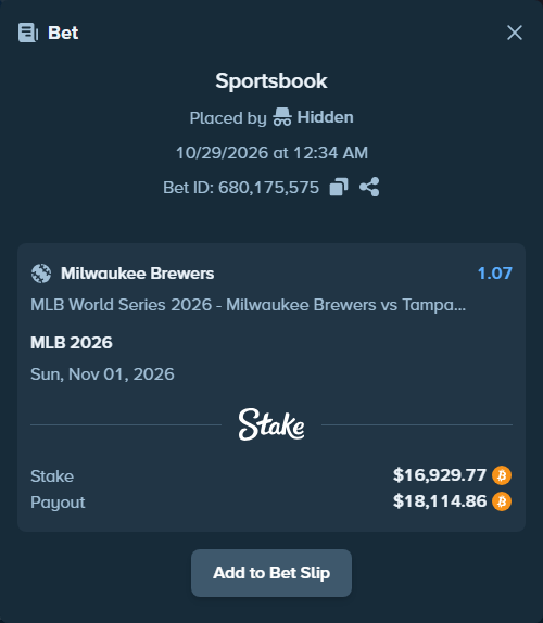 Bet slip: MLB 2026, $16,182.36 stake at 1.07 odds, placed by Hidden