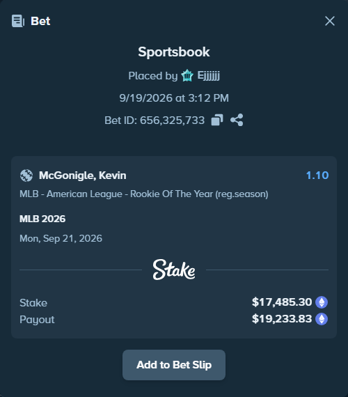 Bet slip: MLB 2026, $17,479.93 stake at 1.10 odds, placed by Ejjjjjj