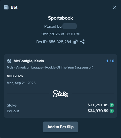 Bet slip: MLB 2026, $31,791.45 stake at 1.10 odds, placed by Ejjjjjj