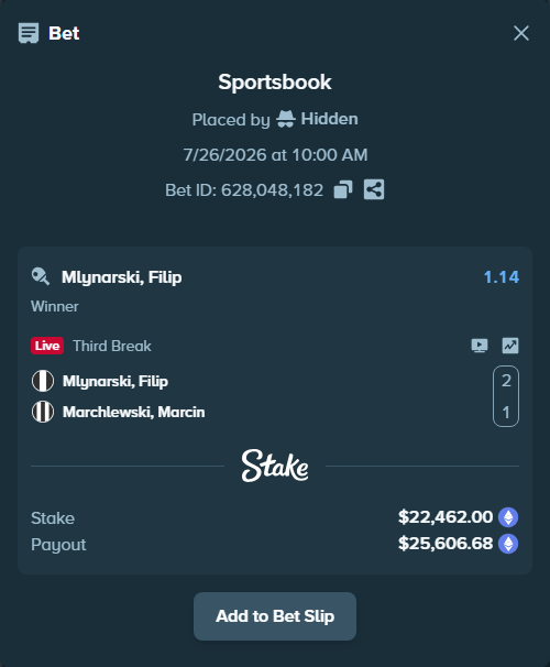 Bet slip: Mlynarski, Filip - Marchlewski, Marcin, $22,772.81 stake at 1.14 odds, placed by Hidden
